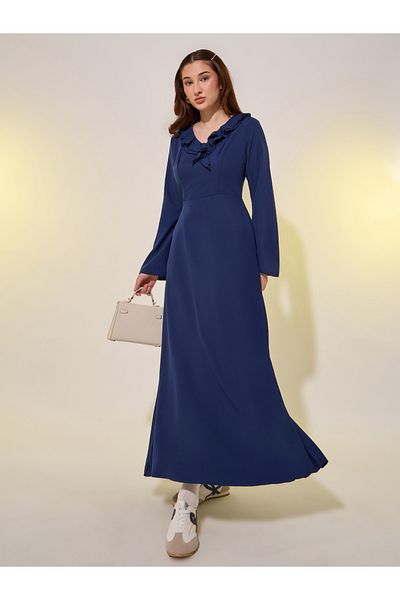 Styli Solid Ruffled V Neck A-Lien Maxi Dress