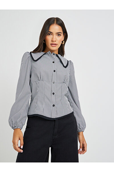 Styli Gingham Print Balloon Sleeve Relaxed Fit Shirt