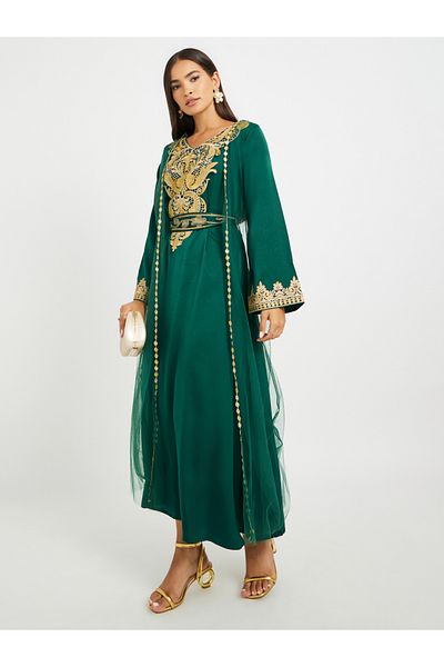 Keenly By Styli Embroidered Lace Detail V-Neck Belted Jalabiya
