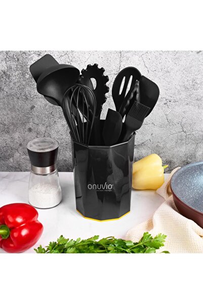 Onuvio Σετ 11 τεμαχίων σκευών κουζίνας, πολυτελούς ποιότητας σιλικόνης τροφίμων, βάση πάγκου, αντικολλητική - μαύρο