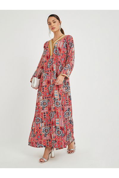 Maxim Creation By Styli Haute Couture Abstract Print V Neck Jalabiya with Lace Detail