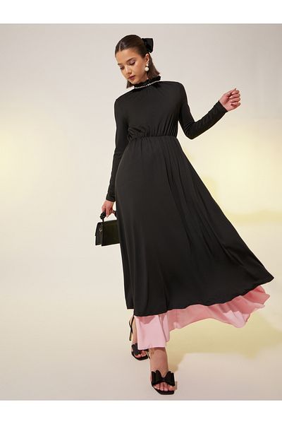 Styli Faux Pearl Trim Contrast Layered Hem A-Line Maxi Dress