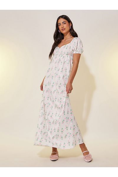 Styli All-Over Floral Print Puff Sleeves A-Line Maxi Dress