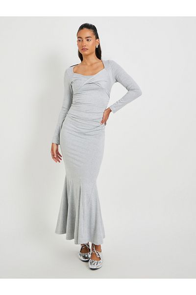 Styli Solid Long Sleeves Mermaid Hem Maxi Dress