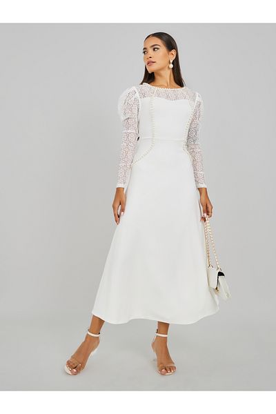 Keenly By Styli Embellished Lace Detail Long Lace Sleeve Maxi Dress