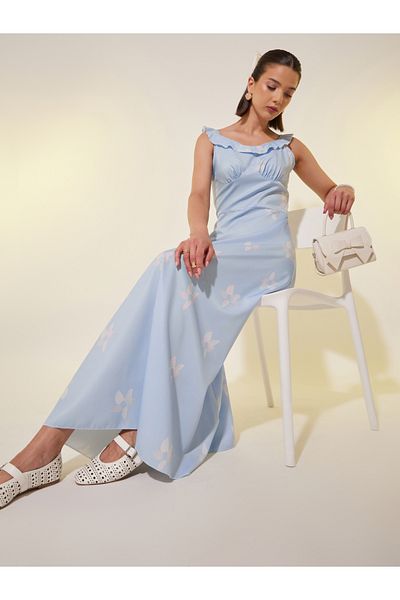 Styli All Over Print Ruffle Trim A-Line Maxi Dress