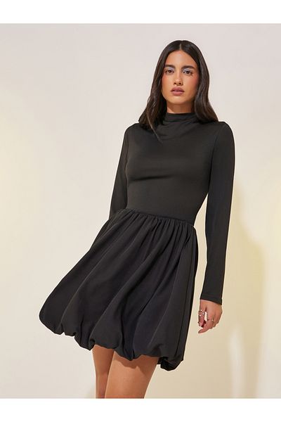 Styli Solid Long Sleeve Balloon Hem A-Line Mini Dress
