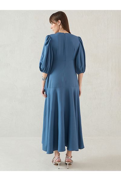 Femmella By Styli Solid V-Neck Balloon Sleeve Wrap Ruffle Maxi Dress