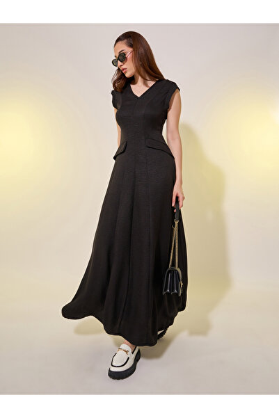 Styli Solid Sleeveless V Neck A-Line Maxi Dress
