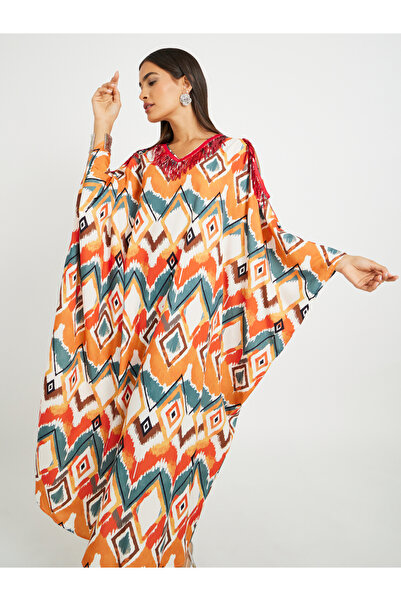 Keenly By Styli All-Over Print Embellished Kaftan Dress with Cut-Out Detail