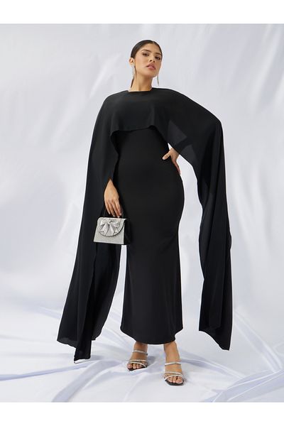 Styli Solid Cape Sleeve Cape Maxi Dress
