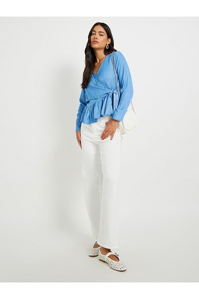 Styli Solid Long Sleeves Ruffle Hem Wrap Top