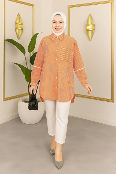 sd butique Çizgili Kadın Tunik– Rahat Kalıp, Cepli, Yazlık Pamuklu Gömlek, Gü...