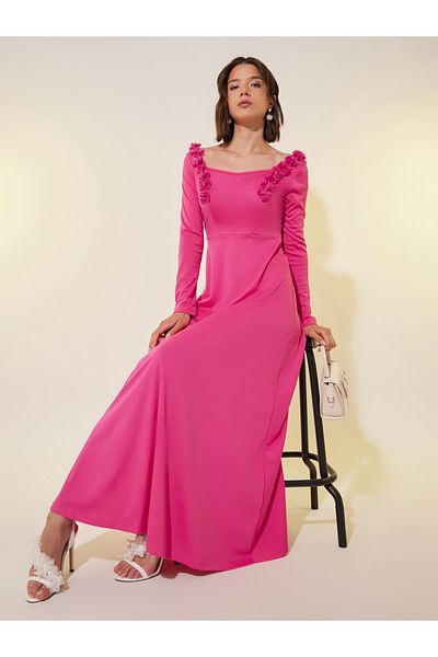 Styli Solid Long Sleeves A-Line Maxi Dress with Corsage Detail