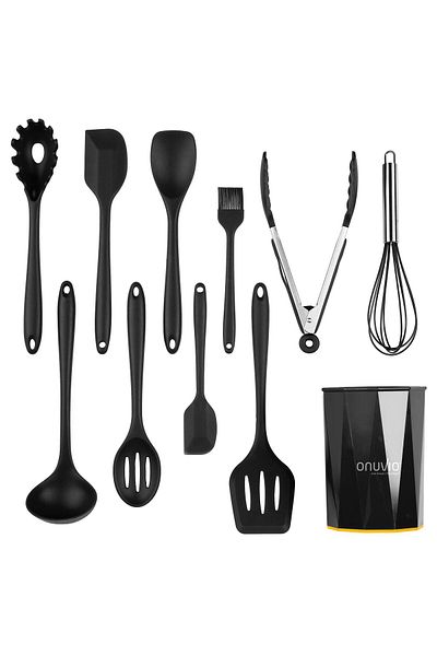 Onuvio Set de ustensile de bucătărie cu 11 piese, silicon alimentar de lux, antiaderent, rezistent la căldură - negru