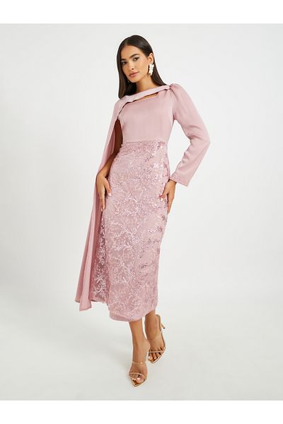 Keenly By Styli Embellished One Cape Sleeve Bodycon Midi Dress