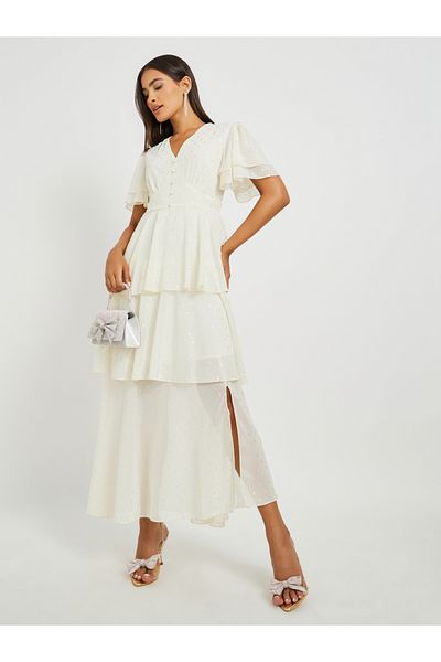 Styli Self Design Flared Sleeves Tiered Maxi Dress