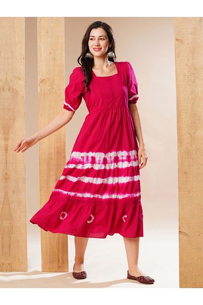 Globus By Styli Tie and Dye Print Square Neck A-Line Midi Dress