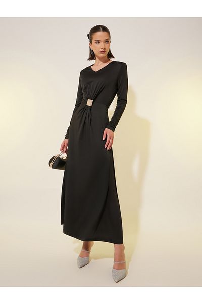 Styli Solid V-Neck Embellished Button Maxi Dress