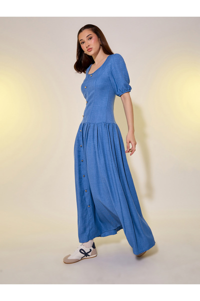 Styli Solid Puff Sleeves A-Line Maxi Dress with Button Detail