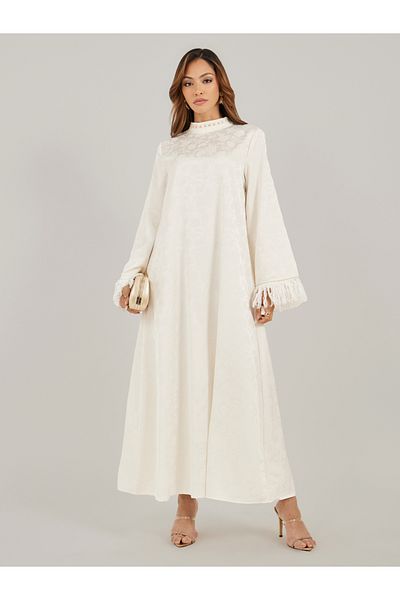 Styli Jacquard Stand Collared Jalabiya with Tassel Trim