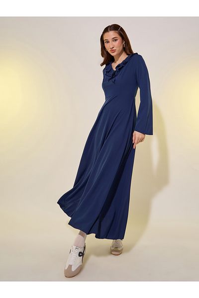 Styli Solid Ruffled V Neck A-Lien Maxi Dress