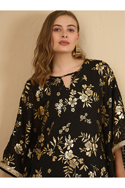 Styli All-Over Floral Foil Print Dobby Chiffon Kaftan with Inner Dress