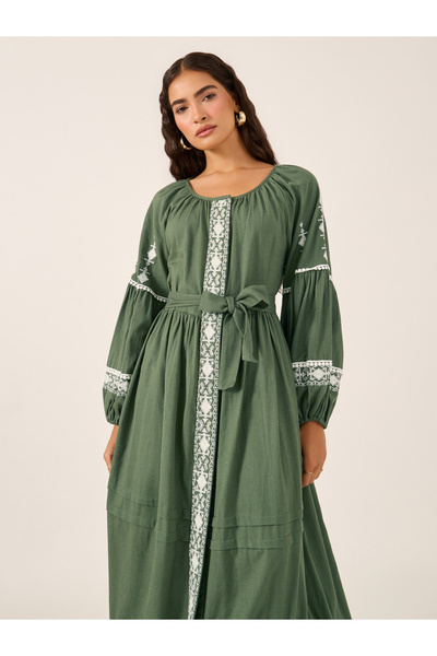 Styli Cotton Embroidered Long Sleeves A-Line Maxi Dress