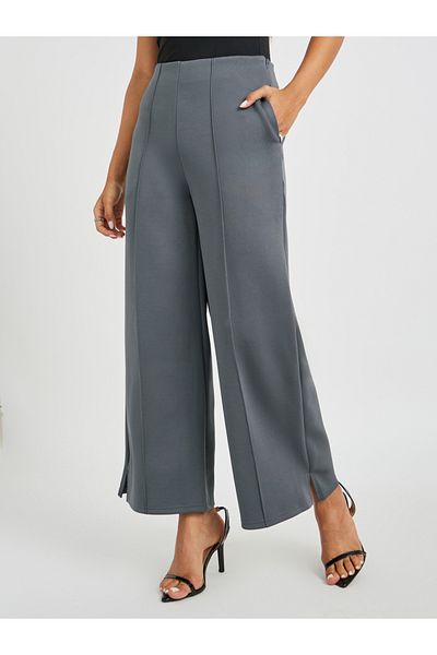Styli Pin Tuck Detail Slit Hem Straight Knit Pants