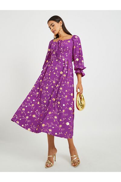 Keenly By Styli Floral Print Square Neck A-Line Midi Dress