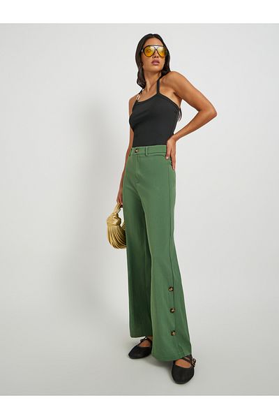 Styli Solid Mid Rise Relaxed Fit Pants with Side Button Detail