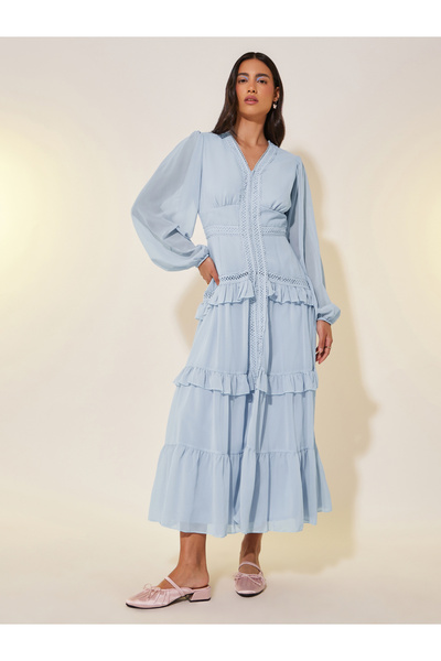 Styli Balloon Sleeve Ruffled Detail Lace Insert Maxi Dress