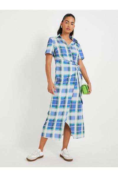 Styli Checked Print Short Sleeve Shirt Midi Dress