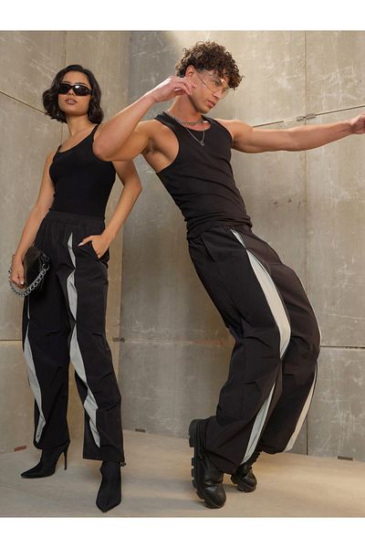 Sassafras By Styli Front Invert Pleat Baggy Parachute Pants
