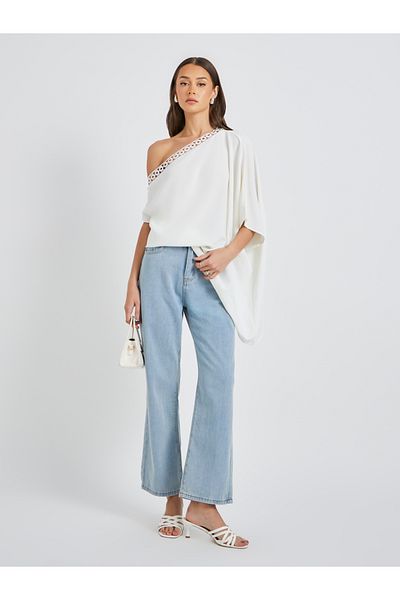 Take Two By Styli Solid One Shoulder Lace Trim Batwing Sleeve Blouse
