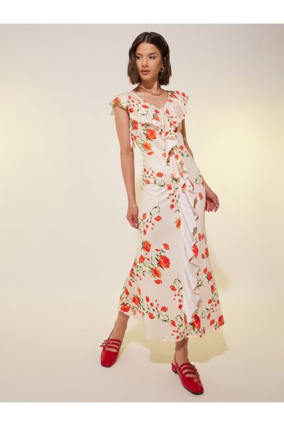 Styli All-Over Floral Print Ruffled Detail Bodycon Midi Dress