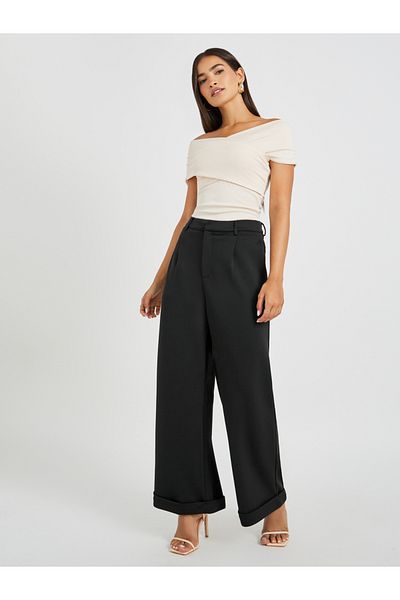 Styli Solid Pleated Wide Leg Knit Pants