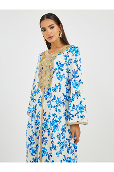 Keenly By Styli Embroidered Lace Details Floral Print A-Line Jalabiya