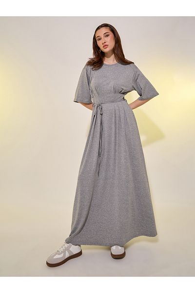 Styli Solid Pleated Tie Detail A-Line Midi Dress