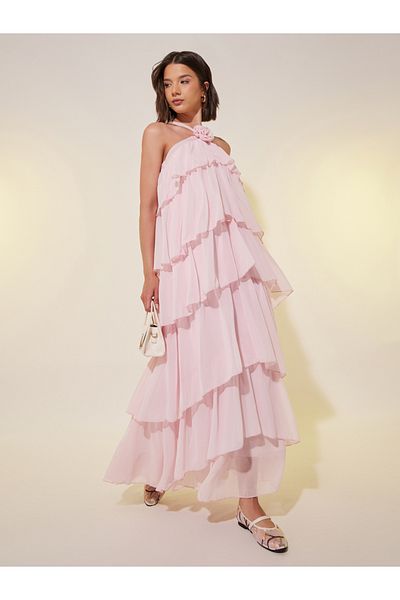 Styli Women Pink Solid Halter Neck Tiered Maxi Dress with Corsage Detail