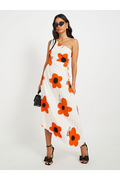 Styli Floral Print One Shoulder A-Line Midi Dress