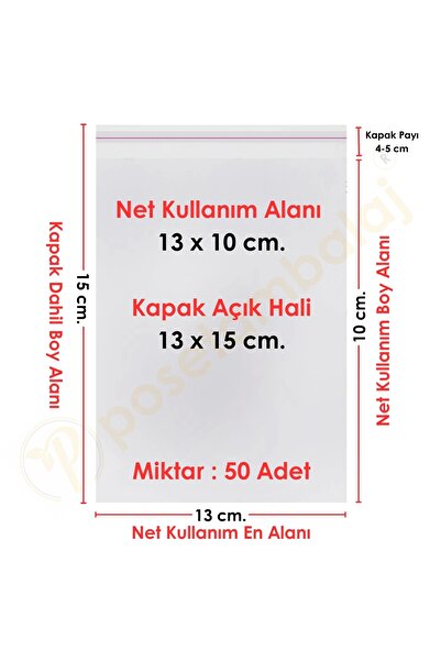 CarpCorn 13x10+5 cm.(13x15) 50 Adet Şeffaf Bantlı Yapışkanlı OPP Poşet