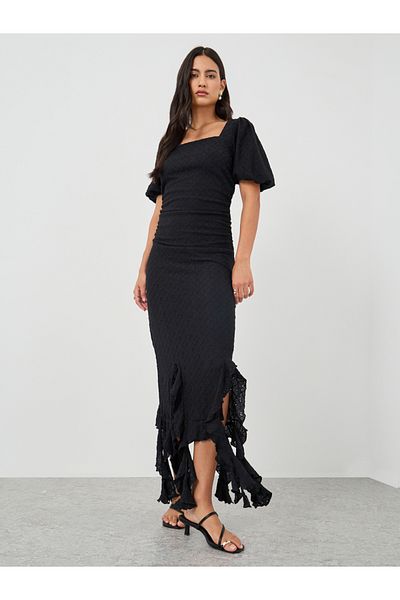 Styli Self Design Ruffled Asymmetric Hem Sheath Midi Dress