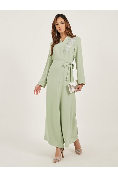 Styli Lace Detail V Neck Wrap Look Jalabiya