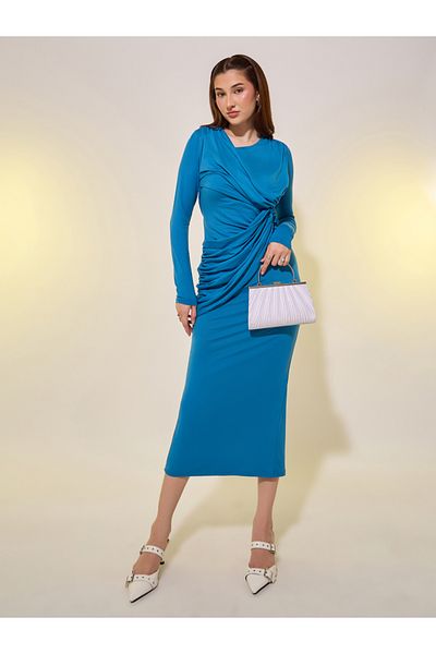 Styli Solid Long Sleeves Ruched Waist Sheath Midi Dress