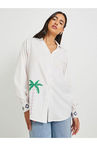 Styli Graphic Print Spread Collar Oversized Shirt