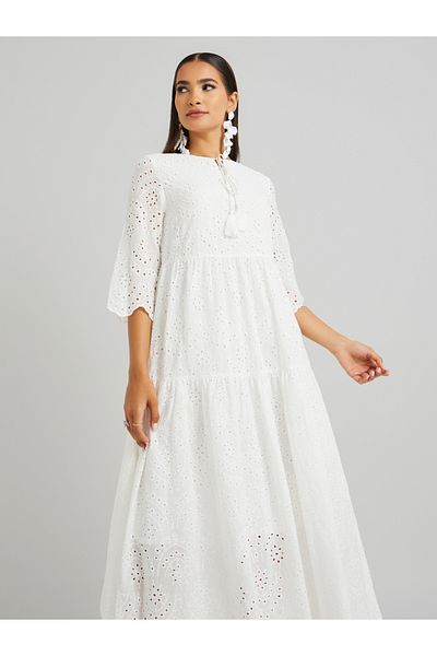 Keenly By Styli Schiffli Embroidered Tie-Up Neck A-Line Midi Dress