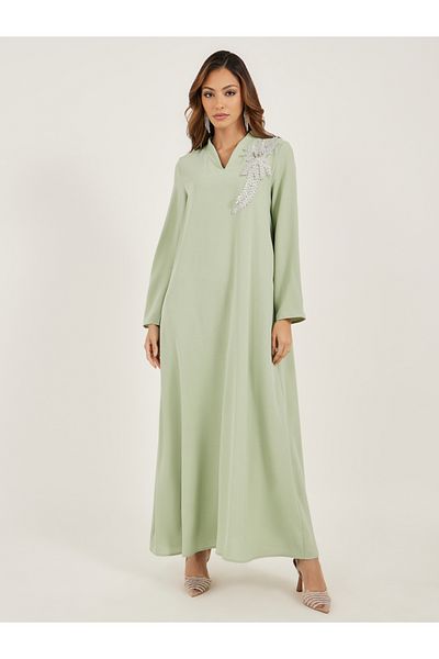 Styli Lace Detail V Neck Wrap Look Jalabiya