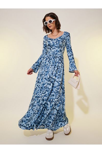 Styli Floral Print Long Sleeve A-Line Maxi Dress