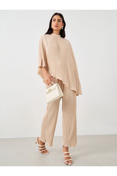 Styli Pleated Crop Length Wide Leg Pants with Elasticated Waistband